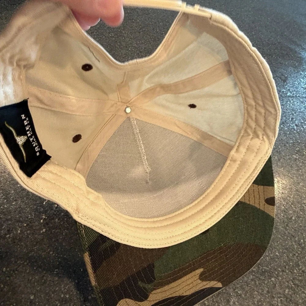 Southern String Hat Co. RARE Camo SnapBack Hat Leather Feather Patch BRAND NEW